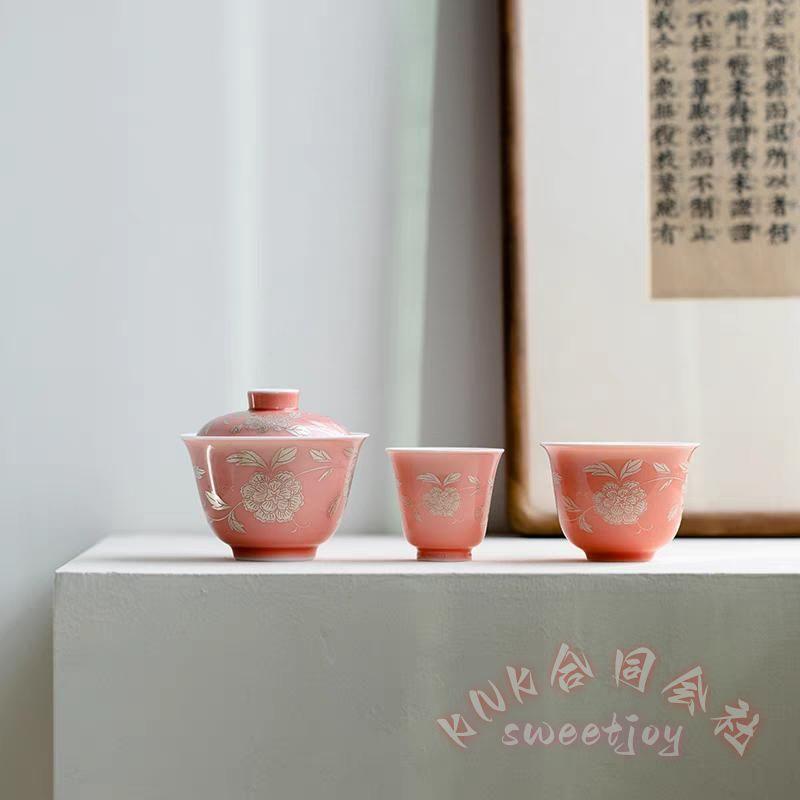 中国茶器 ピンク琺瑯彩かささぎ牡丹提梁壺 煎茶器 茶壺 茶道具 新商品未使用 伝統蓋碗 茶器セット 磁器 牡丹柄 ギフト向け KNK(株） 中国茶 台湾茶