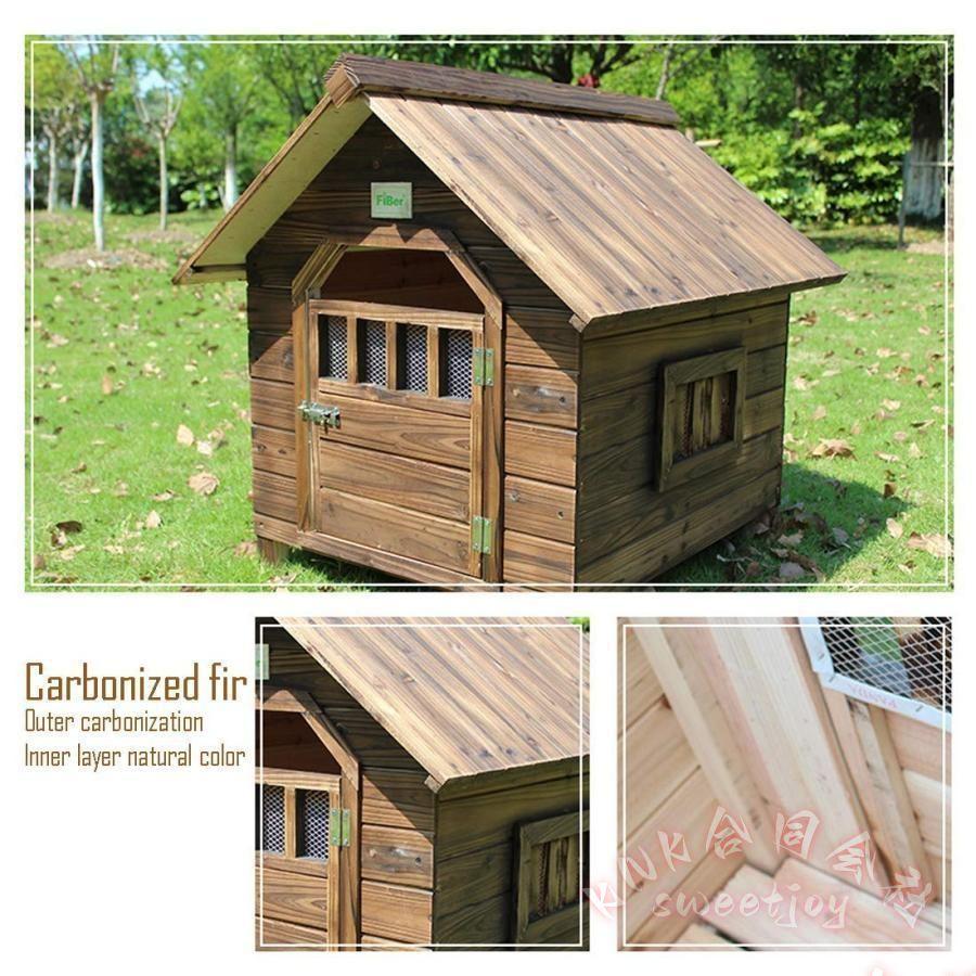 大型犬用犬小屋 屋外用 換気 暖かい 防風防雨 KNK(株） 特大サイズ 安定耐久 中国モミ材 炭化加工 腐敗しにくい ペットハウス 庭 ベランダ（M 48×56cm）の画像