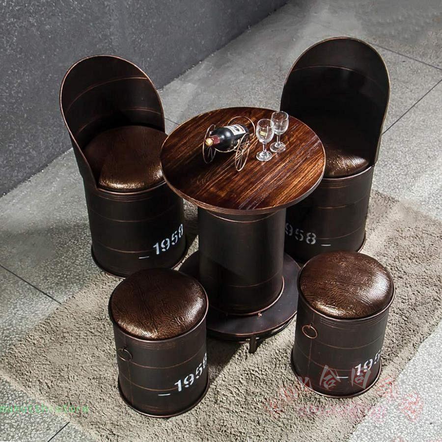 バーテーブルと椅子 ドラム缶 5点セット 錬鉄製 レトロ KNK(株) インダストリアル ミルクティー デザートショップ カフェ 店舗用 バーレトロ スーツの画像