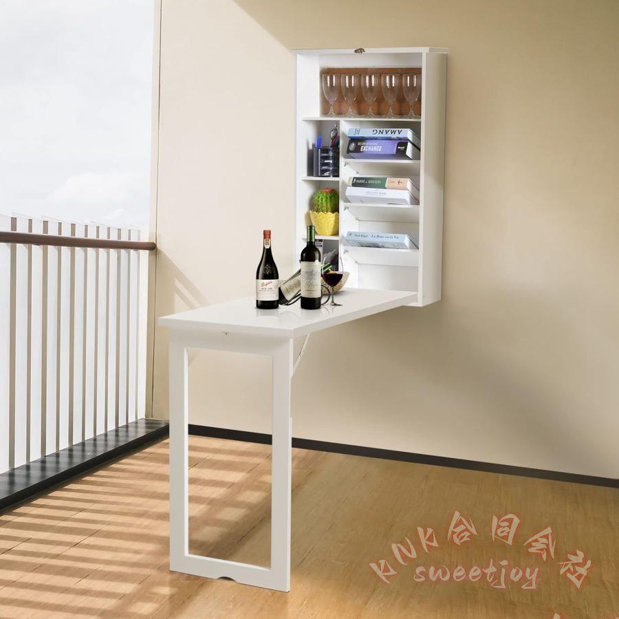 壁掛け折りたたみテーブル 木製収納棚付き KNK(株） 多機能省スペース ウォールテーブル キッチン/ダイニング/書斎 コンピューターデスク 取付簡単の画像