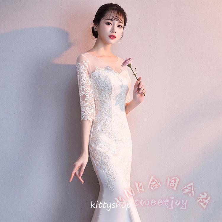マーメイドドレス全5色レース7分袖ロングイブニング結婚式二次会おしゃれ高級感お呼ばれKNK(株）華やかで優雅なマーメイドラインドレス_7