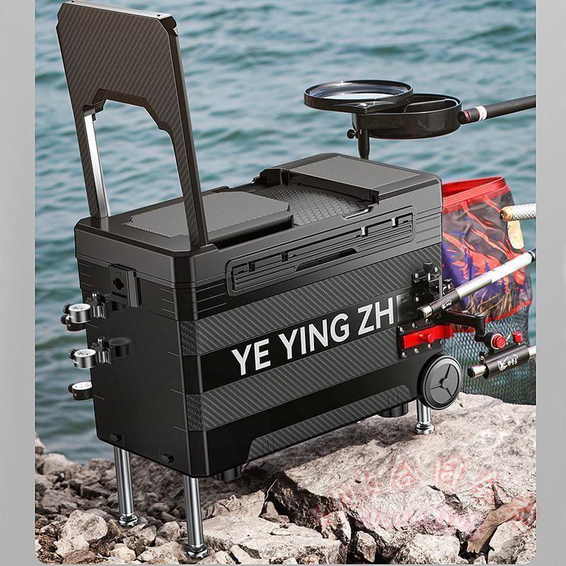 釣り用クーラーボックス 32L 多機能 KNK(株) 座れる頑丈ボディ 防水ハンドル キャスター付 漁具収納 脚高さ調整 水栓付 ブラックの画像