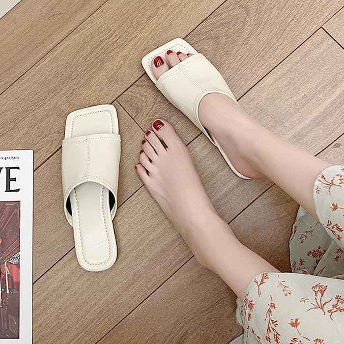 スクエアトゥ フラット サンダル ミュール ぺたんこ 靴 シューズ