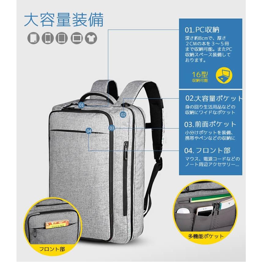 3WAYビジネスリュック バックパック 耐水素材 16インチ A4書類収納可 