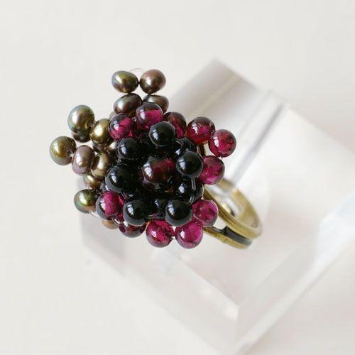 紅女　joncher　天然石フラワーリング　(ガーネット・オニキス・淡水パール） |  | 01