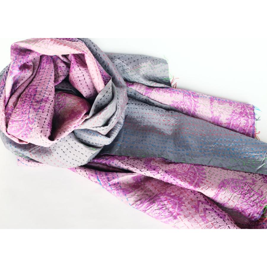 シサム工房　リサイクルサリーハンドステッチビッグストール（グレー×フューシャピンク) シルク１００％　一点ものです！ | シサム工房