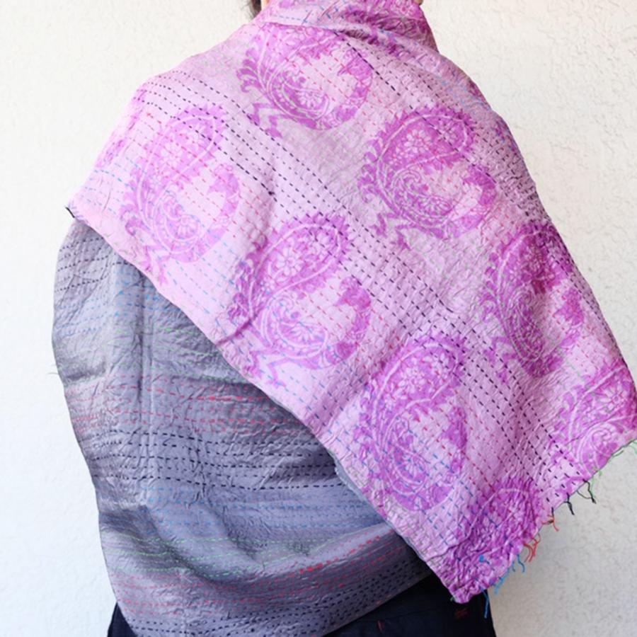 シサム工房　リサイクルサリーハンドステッチビッグストール（グレー×フューシャピンク) シルク１００％　一点ものです！ | シサム工房 | 03