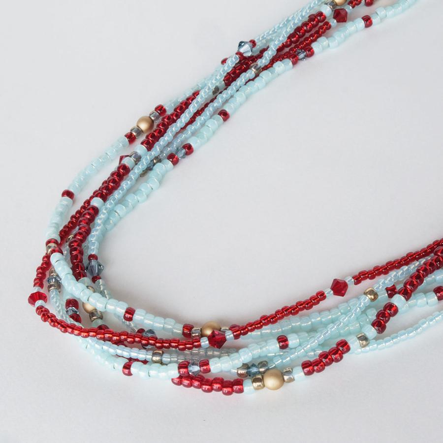 紅女　joncher　ビーズ・スワロフスキー６連ロングネックレス　レッドライトブルー |  | 01