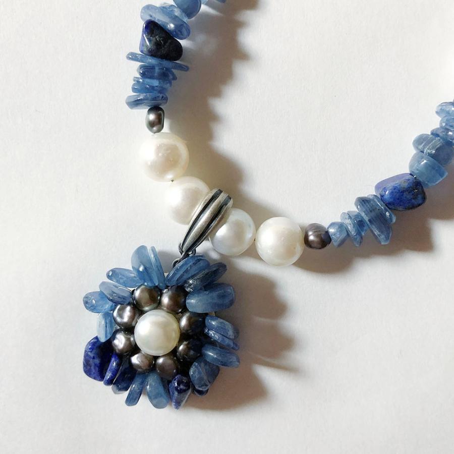 紅女　joncher　天然石フラワーペンダント（カイヤナイト　淡水パール　ラピスラズリ）ペンダントトップつけ外し自由！ | 