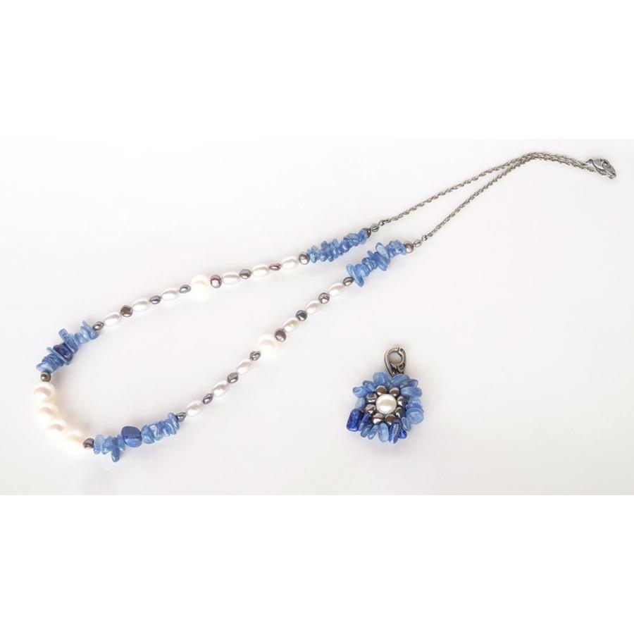 紅女　joncher　天然石フラワーペンダント（カイヤナイト　淡水パール　ラピスラズリ）ペンダントトップつけ外し自由！ |  | 02