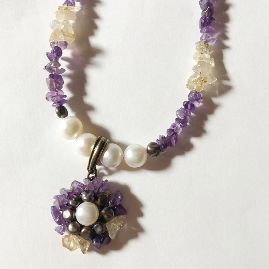 紅女　joncher　天然石フラワーペンダント（アメシスト　　ルチルクオーツ　淡水パール）ペンダントトップつけ外し自由！ | 