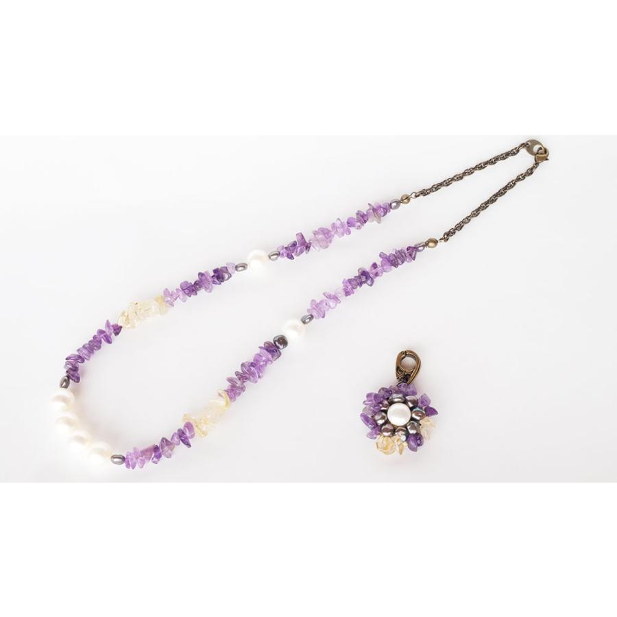 紅女　joncher　天然石フラワーペンダント（アメシスト　　ルチルクオーツ　淡水パール）ペンダントトップつけ外し自由！ |  | 02
