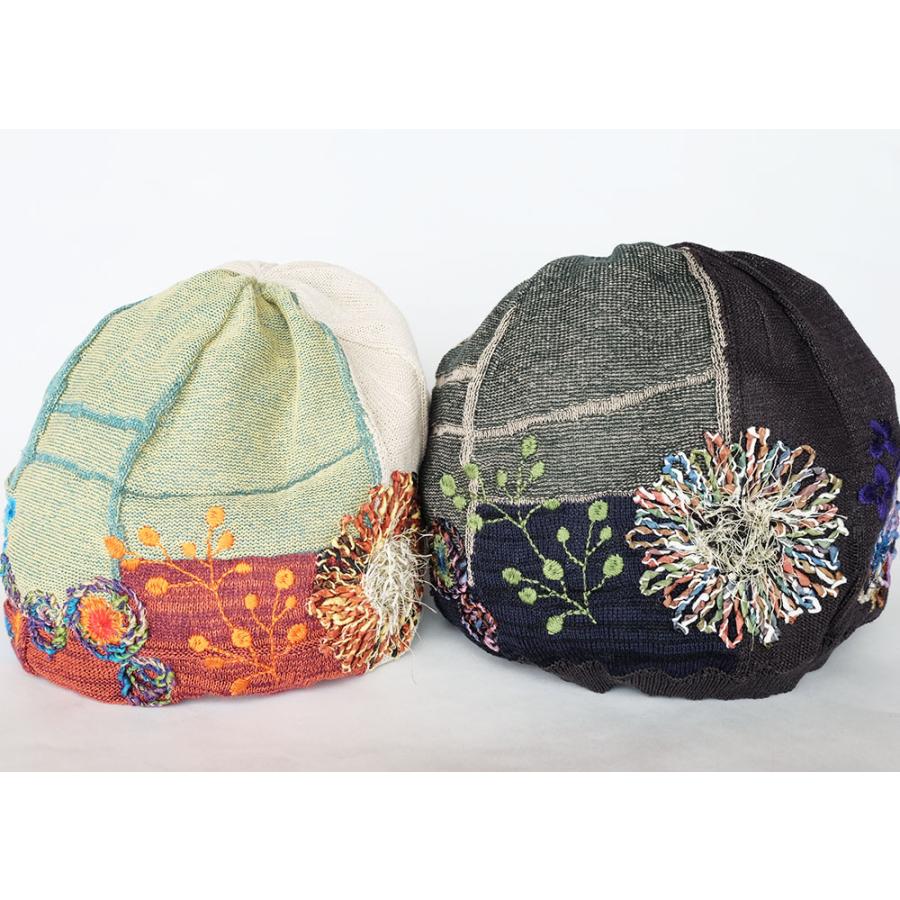 Ｍ．＆ＫＹＯＫＯ　窓辺の花刺繍帽春夏ニット帽（ベージュ　ブラック）　小ぶりのワッチタイプ | M.&KYOKO