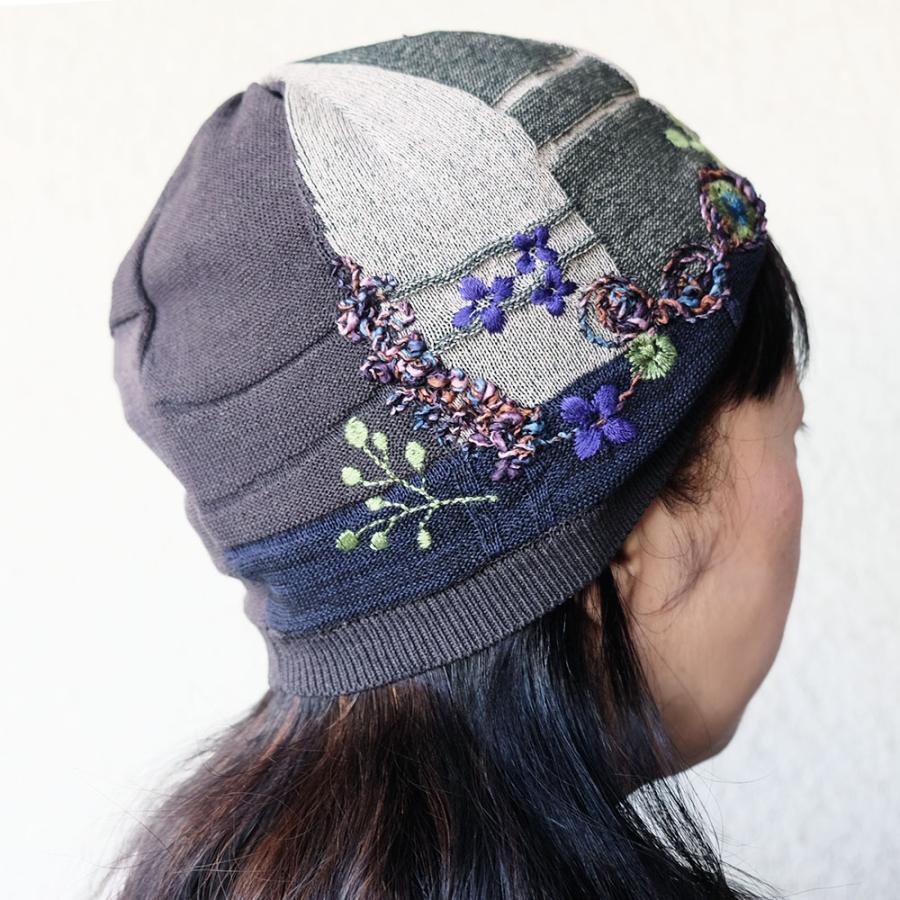 Ｍ．＆ＫＹＯＫＯ　窓辺の花刺繍帽春夏ニット帽（ベージュ　ブラック）　小ぶりのワッチタイプ | M.&KYOKO | 04