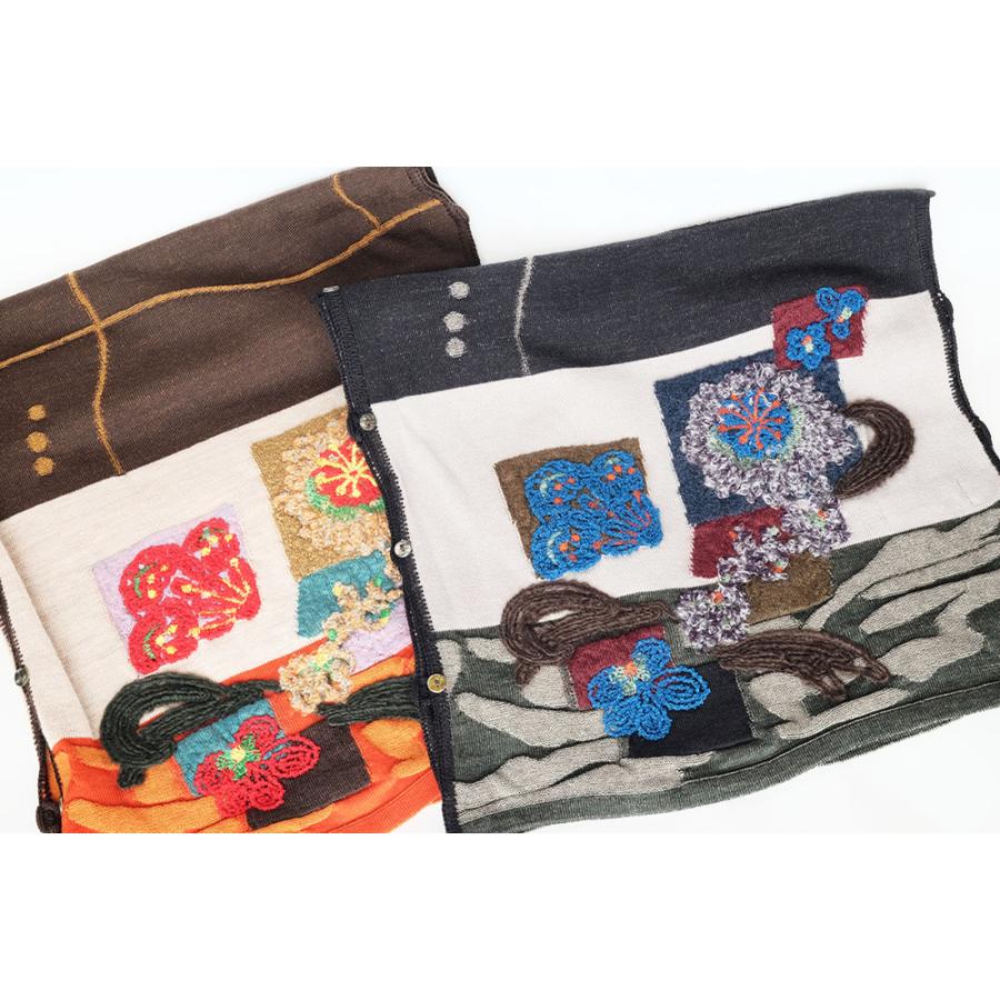 Ｍ．＆ＫＹＯＫＯフラワーベース刺繍3WAYショール （ブラウンオレンジ　チャコールブルー）ボタン付きではおり方のバリエーションが広がる！ | M.&KYOKO