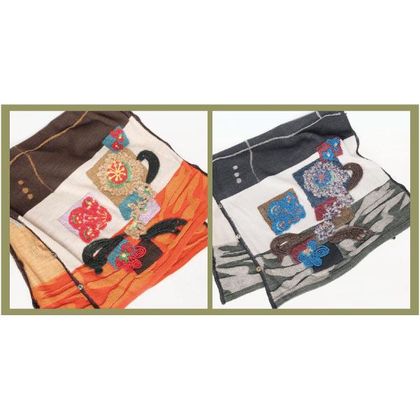 Ｍ．＆ＫＹＯＫＯフラワーベース刺繍3WAYショール （ブラウンオレンジ　チャコールブルー）ボタン付きではおり方のバリエーションが広がる！ | M.&KYOKO | 06