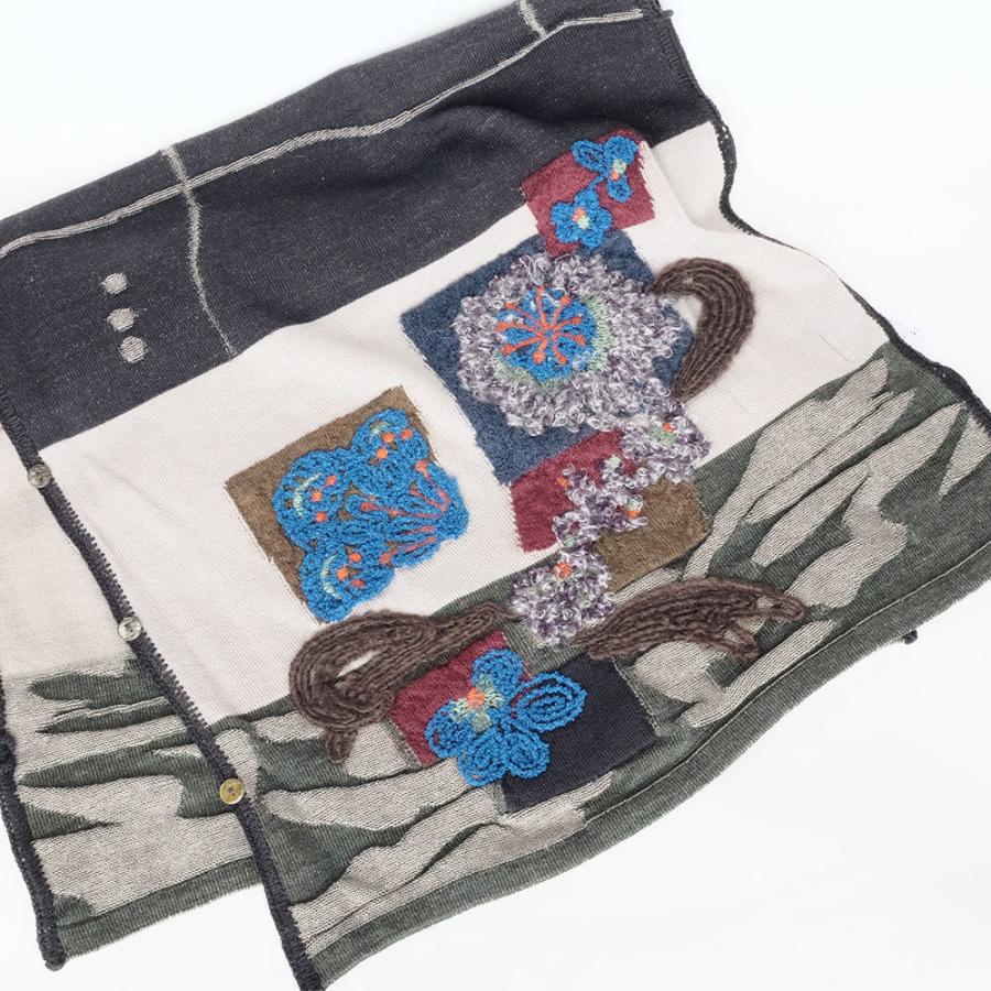 Ｍ．＆ＫＹＯＫＯフラワーベース刺繍3WAYショール （ブラウンオレンジ　チャコールブルー）ボタン付きではおり方のバリエーションが広がる！ | M.&KYOKO | 02