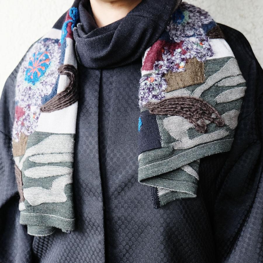 Ｍ．＆ＫＹＯＫＯフラワーベース刺繍3WAYショール （ブラウンオレンジ　チャコールブルー）ボタン付きではおり方のバリエーションが広がる！ | M.&KYOKO | 03