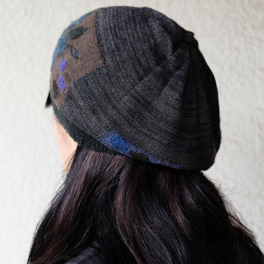 Ｍ．＆ＫＹＯＫＯ　秋冬アートフラワーニットベレー帽   (チャコール　ベージュ） 薄手のスッキリスタイルのニットベレー帽！ | M.&KYOKO | 03