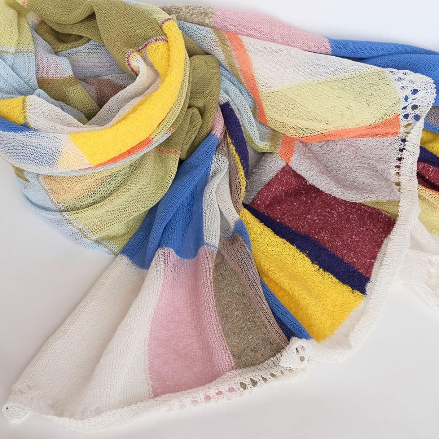 Ｍ．＆ＫＹＯＫＯ　モザイク柄春夏ニットショール（ホワイト　チャコール）薄手のさらさら大判ストール | M.&KYOKO | 01