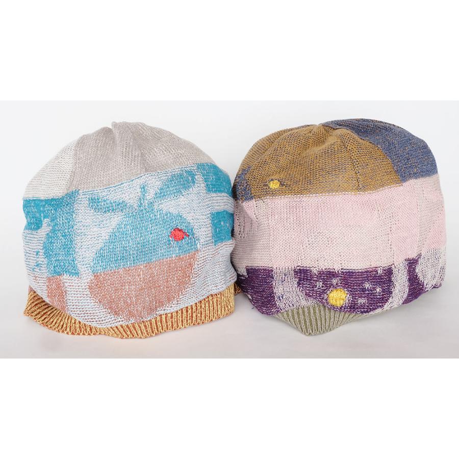 Ｍ．＆ＫＹＯＫＯ　フルーツ柄春夏ニット帽（イエロー×ライトブルー　カーキ×ピンク）小ぶりのワッチタイプ | M.&KYOKO