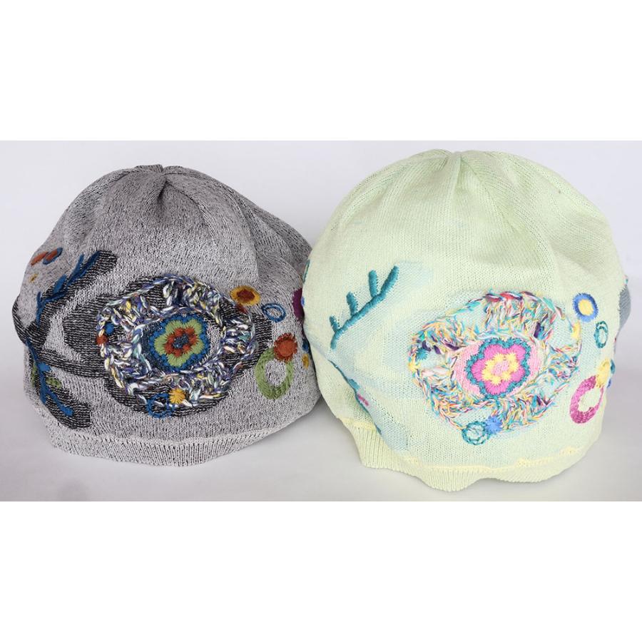 Ｍ．＆ＫＹＯＫＯ　バルーンフラワー春夏刺繍ニット帽（グレー　ライトグリーン）　小ぶりのワッチタイプ | M.&KYOKO