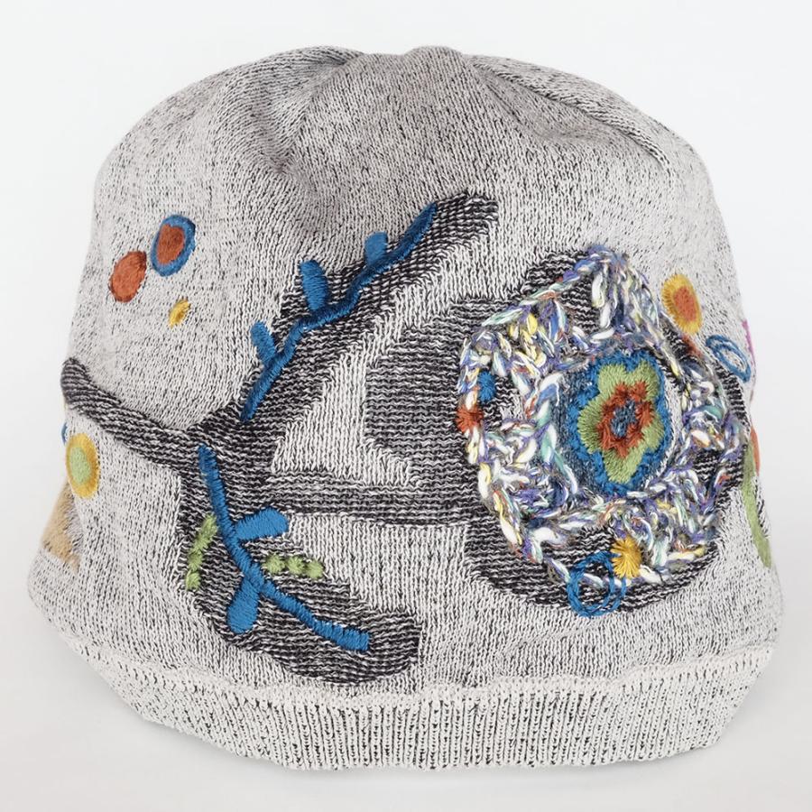 Ｍ．＆ＫＹＯＫＯ　バルーンフラワー春夏刺繍ニット帽（グレー　ライトグリーン）　小ぶりのワッチタイプ | M.&KYOKO | 01