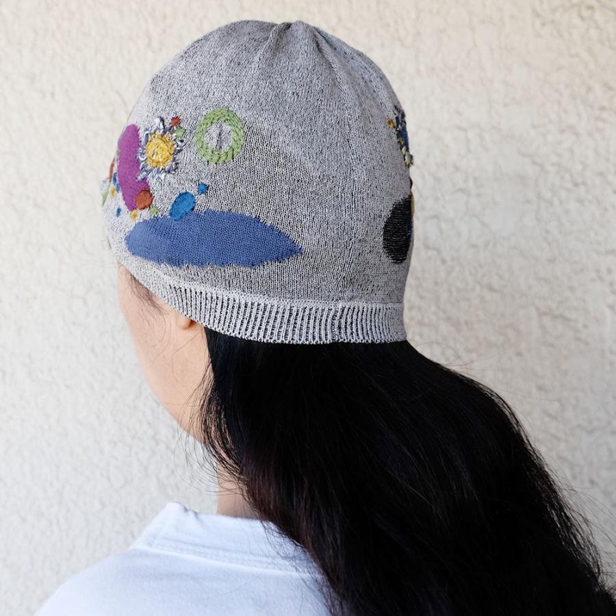 Ｍ．＆ＫＹＯＫＯ　バルーンフラワー春夏刺繍ニット帽（グレー　ライトグリーン）　小ぶりのワッチタイプ | M.&KYOKO | 03
