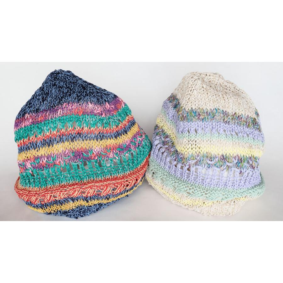 Ｍ．＆ＫＹＯＫＯ　カラフルファンシーブロック春夏ニット帽（ブルー　ベージュ）小ぶりのワッチタイプ | M.&KYOKO