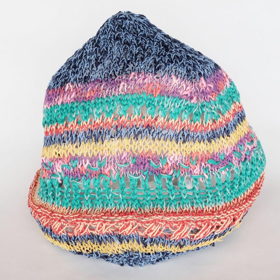 Ｍ．＆ＫＹＯＫＯ　カラフルファンシーブロック春夏ニット帽（ブルー　ベージュ）小ぶりのワッチタイプ | M.&KYOKO | 01