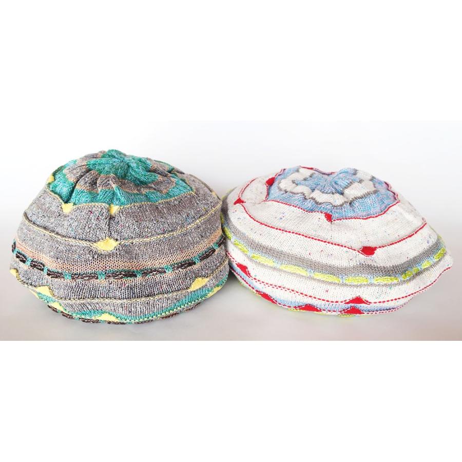 Ｍ．＆ＫＹＯＫＯ　インターシャボーダーベレー帽(グリーン　ホワイト）さらさらニットにポップなカラー | M.&KYOKO