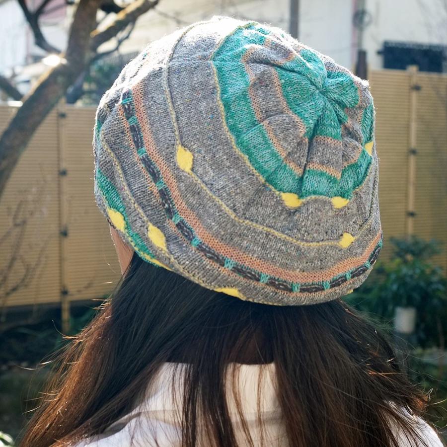 Ｍ．＆ＫＹＯＫＯ　インターシャボーダーベレー帽(グリーン　ホワイト）さらさらニットにポップなカラー | M.&KYOKO | 01