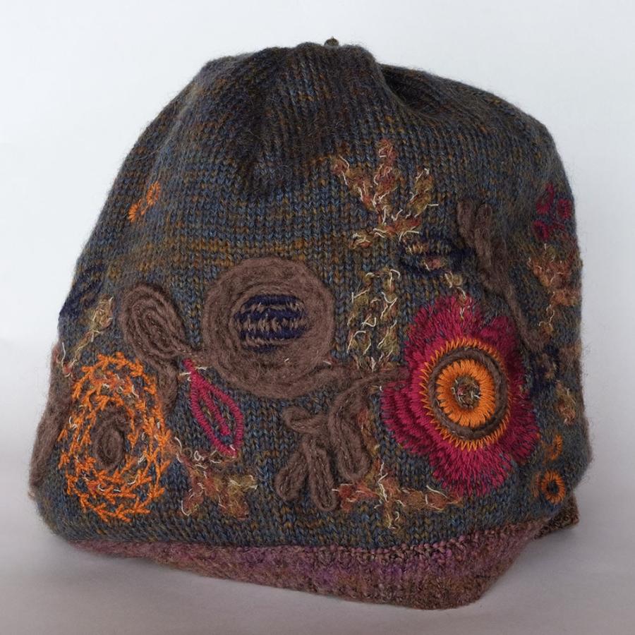 Ｍ．＆ＫＹＯＫＯ　刺繍ニット帽（グリーン　パープル）お花モチーフの刺繍がポイントのワッチタイプ |  | 01