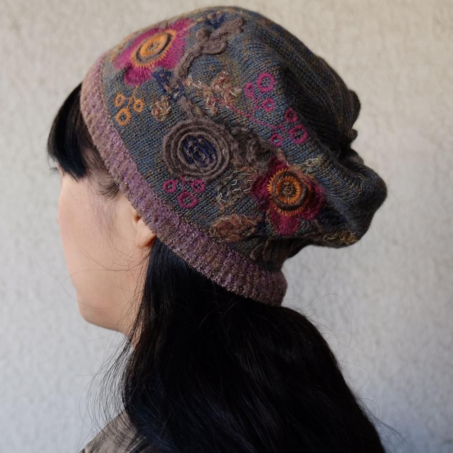Ｍ．＆ＫＹＯＫＯ　刺繍ニット帽（グリーン　パープル）お花モチーフの刺繍がポイントのワッチタイプ |  | 03