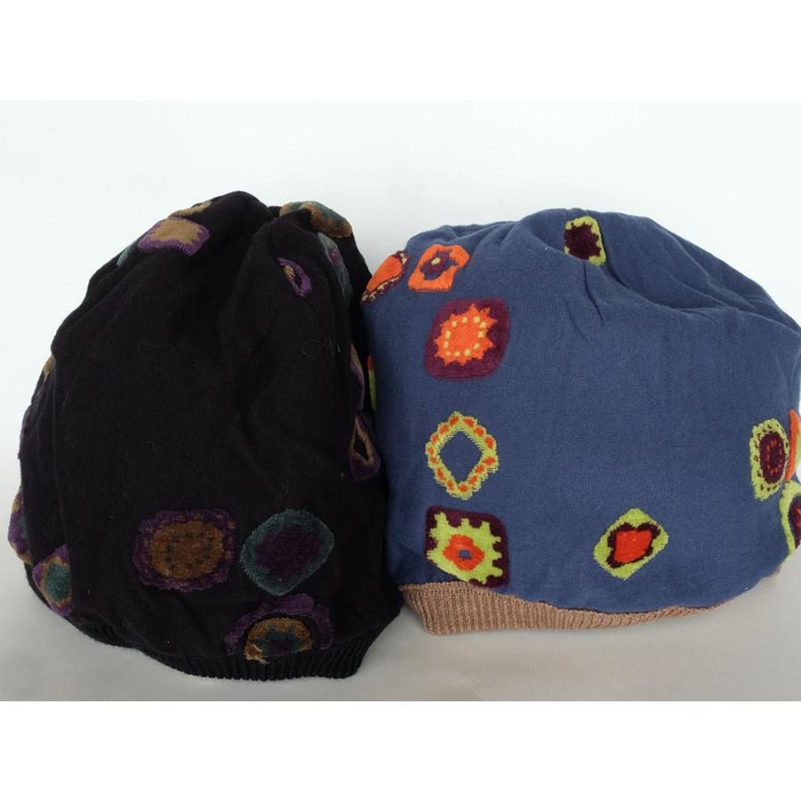 Ｍ．＆ＫＹＯＫＯ　丸柄インターシャリバーシブルニット帽（ブラック　ブラウン）　小ぶりのワッチタイプ | M.&KYOKO | 01