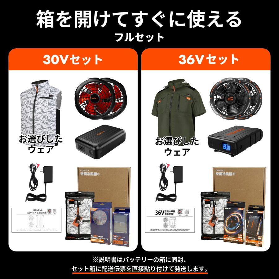 COVELL空調冷風服 2026年新 30V or 36V|ファン付き作業服フルセット S