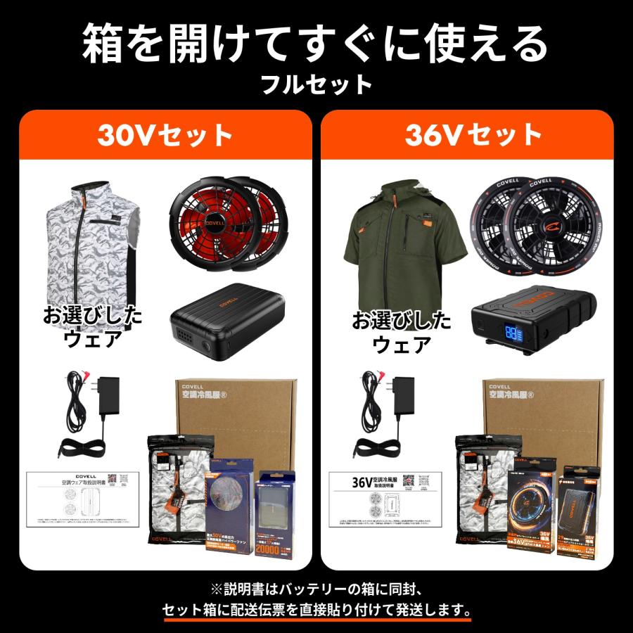 COVELL空調冷風服 2026年新 30V or 36V|ファン付き作業服フルセット S