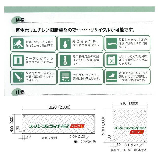 ス−パージュライトM2ハーフ Sサイズ 約1,000mm×1,000mm 厚み15mm(厚み12mm+表目凸3mm) 2枚1組 重量約11.5kg 軽量 再生ポリエチレン樹脂製敷板｜sy-sukedati2｜06