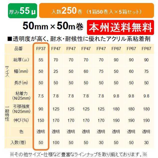 ケイユ―製　ＯＰＰテープ　FP37　1箱50巻入り　本州無料　50mm×50m　55μ　5箱セット