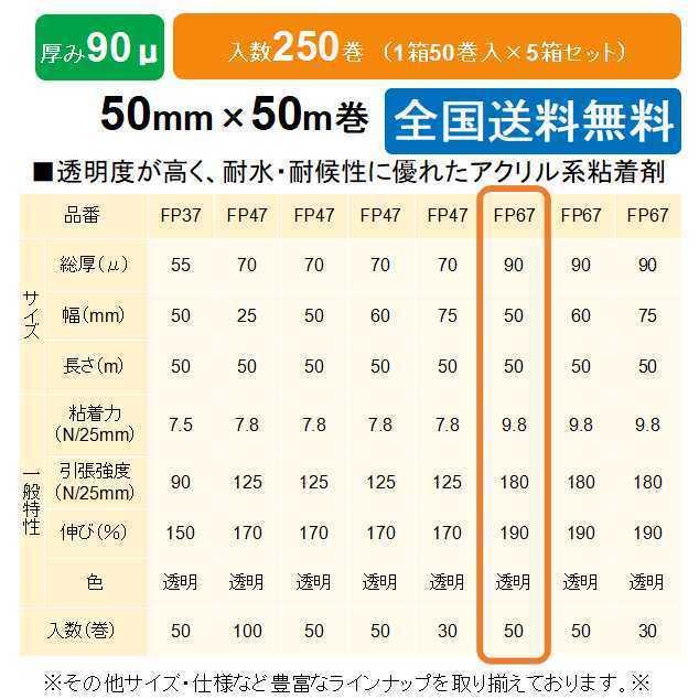 ケイユ―製　ＯＰＰテープ　FP67　90μ　1箱50巻入り　5箱セット　50mm×50m