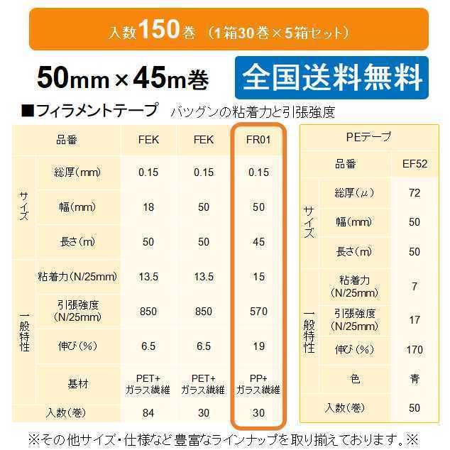 ケイユ―製　フィラメントテープ　FR01　0.15mm×50mm×45m　1箱30巻入り　5箱セット