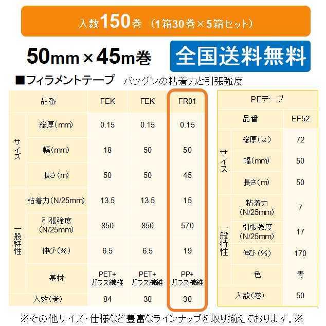 ケイユ―製　フィラメントテープ　FR01　1箱30巻入り　5箱セット　0.15mm×50mm×45m