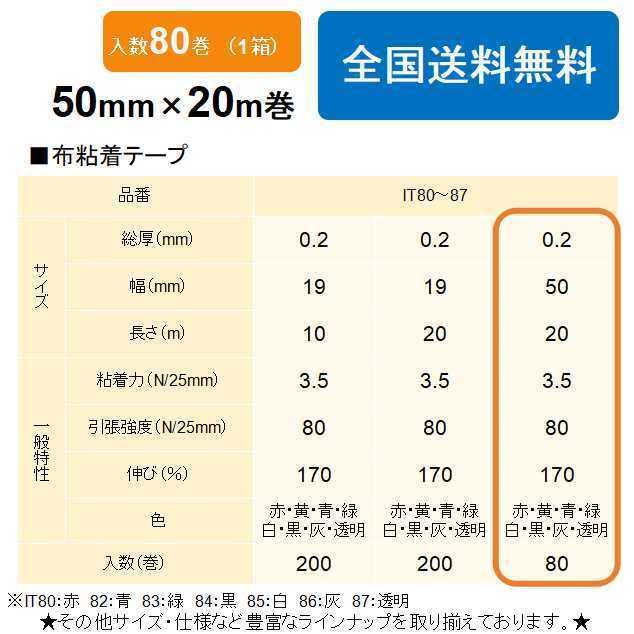 ケイユ―製　ビニルテープ　IT80〜87　50mm×20m　1箱80巻入り