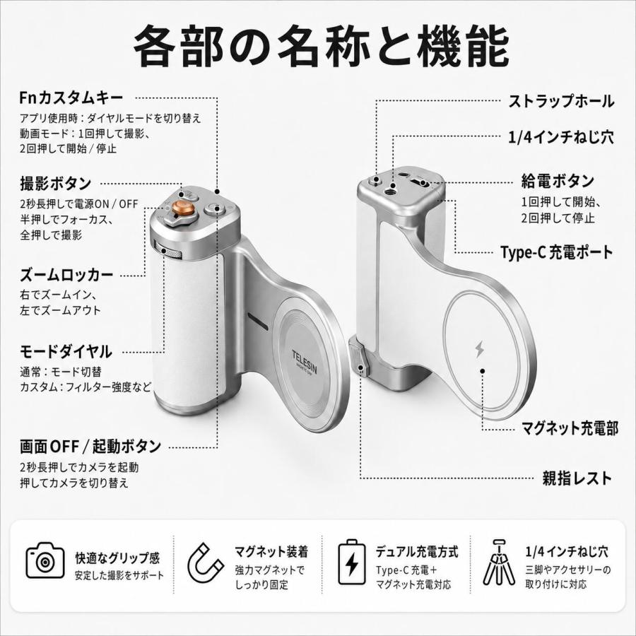 TELESIN マグネット スマホカメラグリップ ズーム機能 APP制御 カメラ