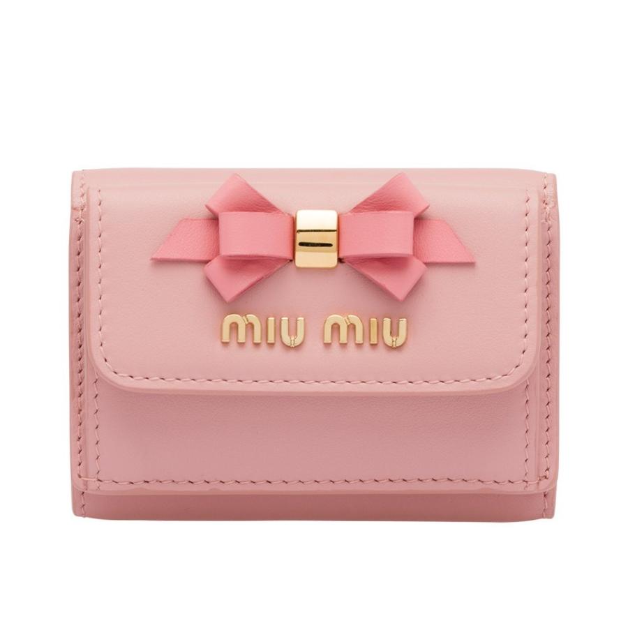 miumiu ミュウミュウ リボン付き レザー 三つ折り ミニ財布 ピンク グレー 5MH020_2B61