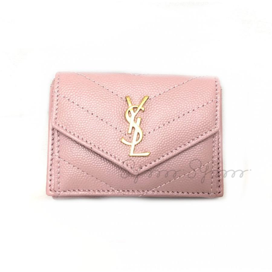Saint Laurent サンローラン YSLメタルロゴ 三つ折り ミニ財布 ピンク