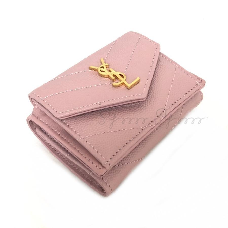 Saint Laurent サンローラン YSLメタルロゴ 三つ折り ミニ財布 ピンク