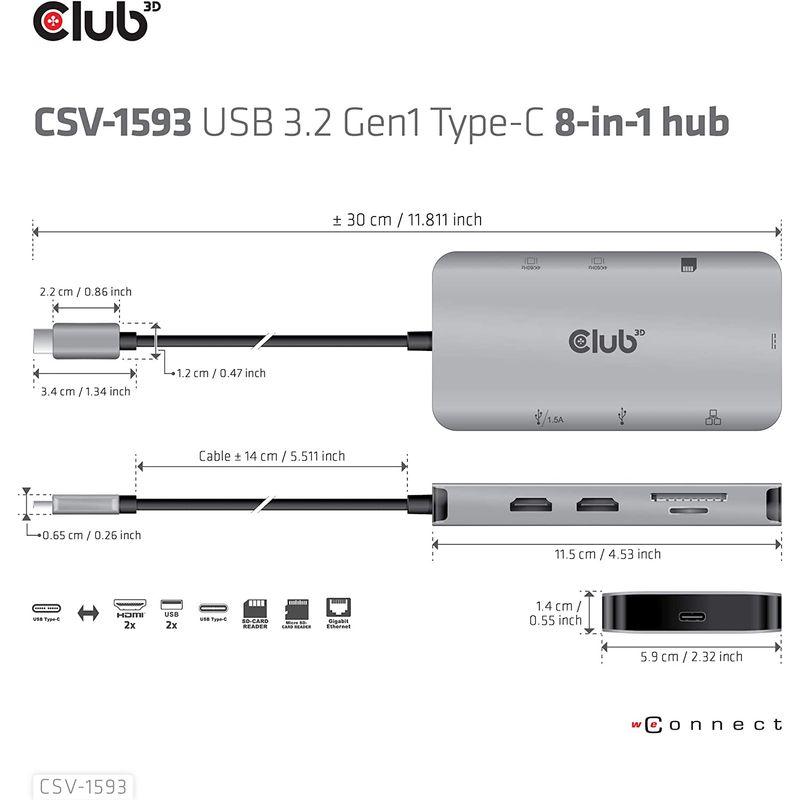 割50% Club 3D USB Type C 8-in-1 Hub to 2xHDMI 4K60Hz / 2x USB A / RJ45 / SD