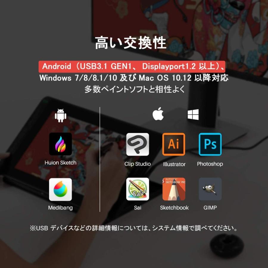 HUION 11.6インチ液晶ペンタブレット Android対応 筆圧8192 PW517 充電不要ペン同梱 アンチグレアフィルム フルラミネーションデイスプレ スタンド付きの画像