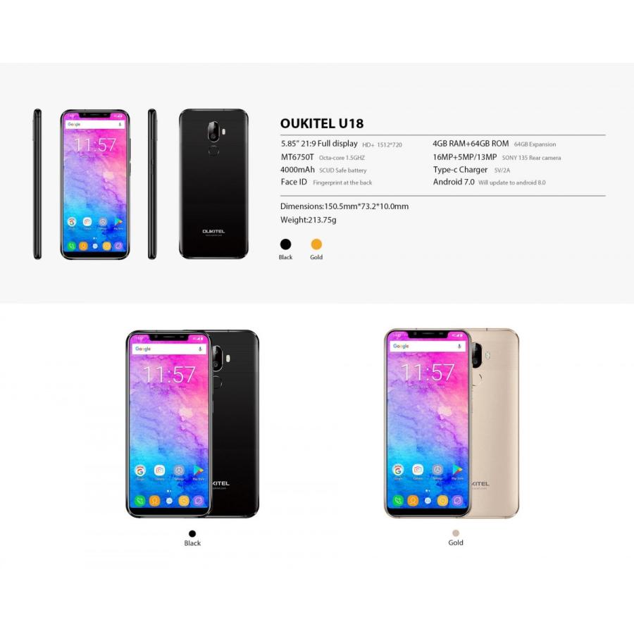 OUKITEL スマートフォン 18GB+128GB 90Hz Oukitel U18 Android 7.0 4G LTE スマートフォン 5.85インチ 21